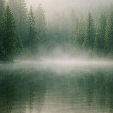 Foggy morning on the lake in the coniferous forest