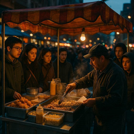 Unidentified people at a street food market in Kiev, Ukraine
