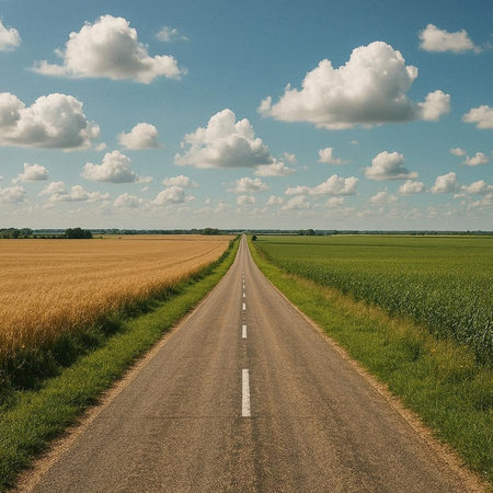 country road in the field and blue sky with clouds - retro vintage effect