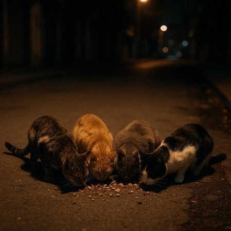 Three stray cats eating on the street at night. Selective focus.