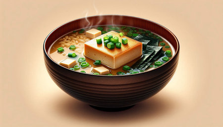 Japanese miso soup with tofu and green onions in bowl on beige background