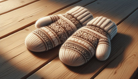 Warm knitted mittens on a wooden background. Winter clothes.
