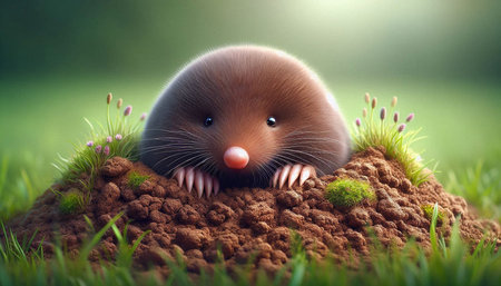 Cute little mole on a mound of earth in the green grass