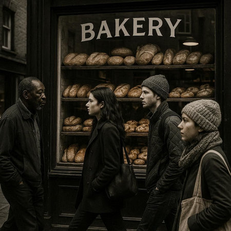 Group of people standing in front of a bakery shop in the city