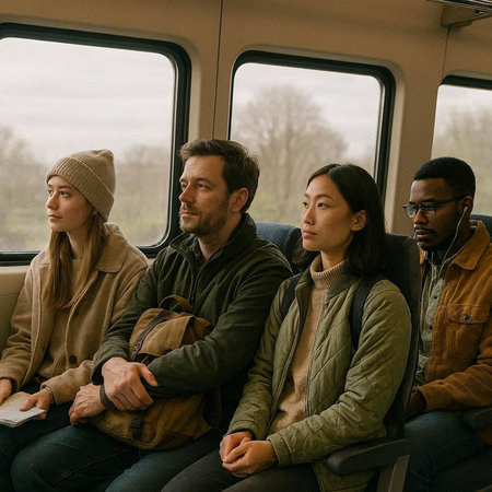 Group of multiethnic friends traveling by train. Multiethnic group of friends traveling by train.