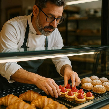 Serious mature male baker in apron and eyeglasses taking fresh buns from shelf in bakery