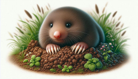 Mole in the grass with flowers and berries. 3d illustration