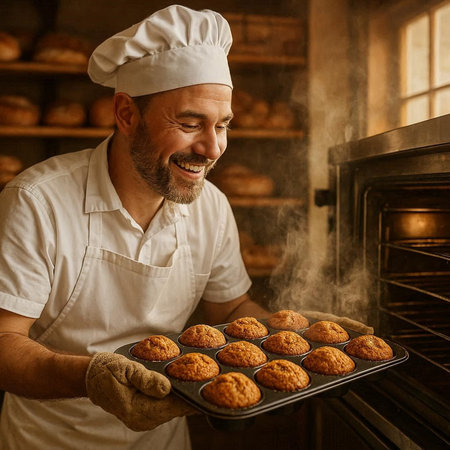 Smiling baker holding baking tray with freshly baked muffins in bakery
