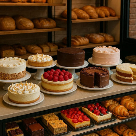 Variety of sweet cakes and pastries in a bakery shop.