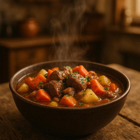 Beef stew with vegetables in a clay bowl on a wooden table
