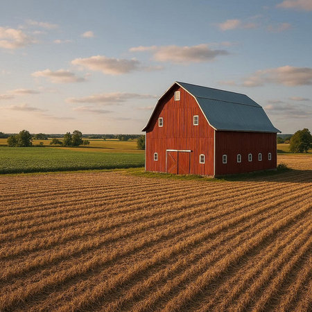 Red Barn in the Field at Sunset - 3D Rendered Image