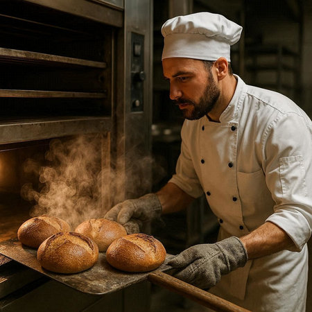 Male baker holding fresh baked bread in the oven at the bakery.