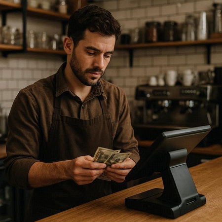 handsome barista counting money from cash register at bar counter in cafe