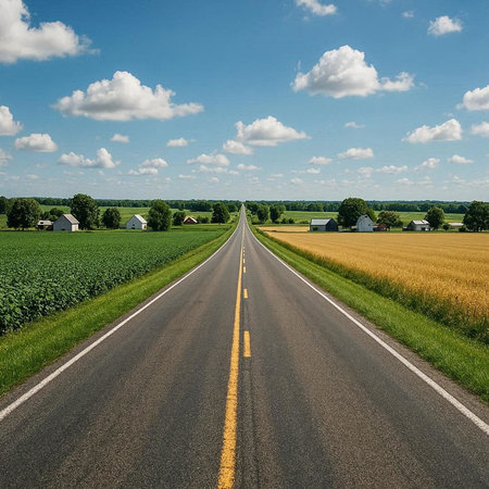 Road in the countryside with blue sky and white clouds. Rural landscape.