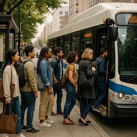 Group of young people waiting for a bus in New York City.