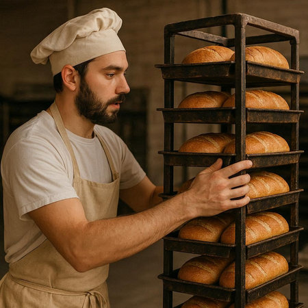 Baker holding a tray of freshly baked bread in his bakery.