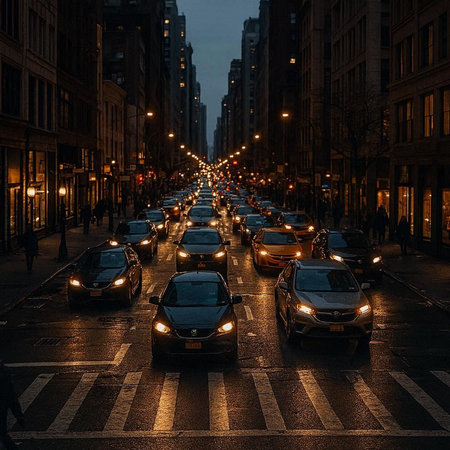Traffic on the street at night in New York City, USA.