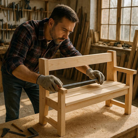 Carpenter working on a wooden chair in his carpentry workshop