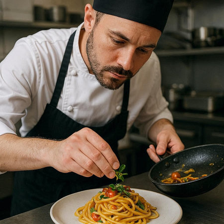 Portrait of a male chef cooking spaghetti with tomato sauce and herbs.