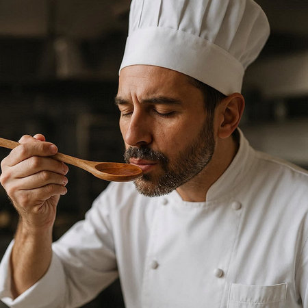 Portrait of a bearded male chef in a white uniform with a wooden spoon in his hands.