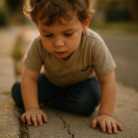 Cute little boy crawling on the ground and looking at camera.
