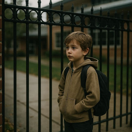 A boy with a backpack stands in front of a metal fence.
