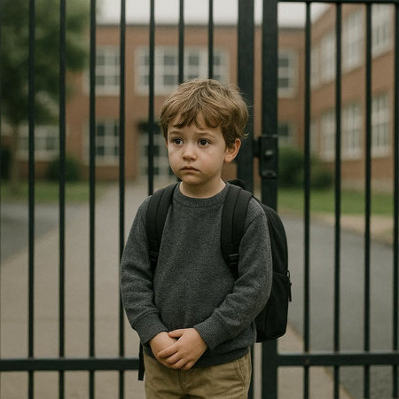 Portrait of a boy with a backpack standing in front of the school gate