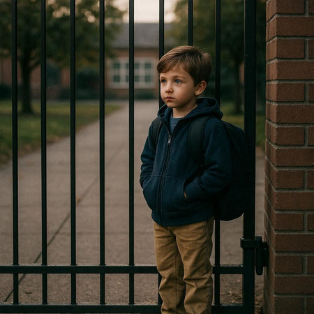 little boy standing in front of a gate and looking at the camera