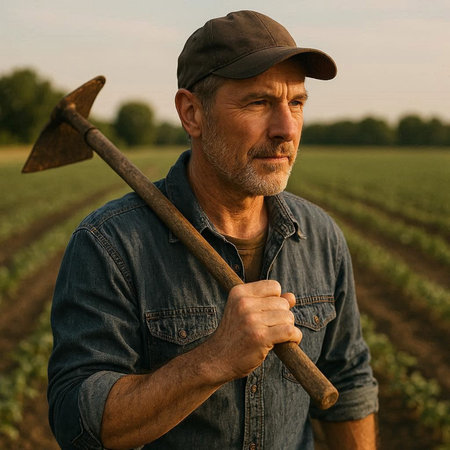 Farmer with a shovel in his hand on the background of the field