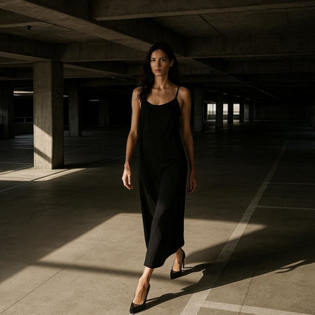 Beautiful woman in a long black dress in an underground passage.