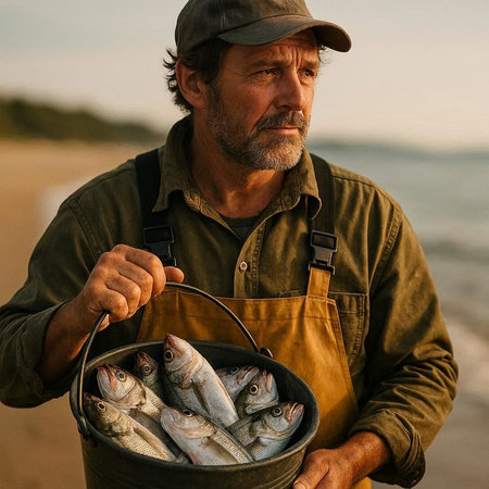 Fisherman holding a bucket of freshly caught fish on the beach