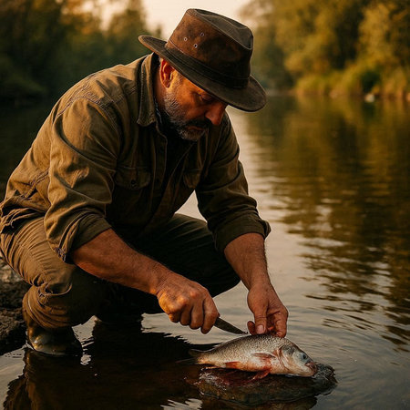 Fisherman with a freshly caught fish in the river at sunset