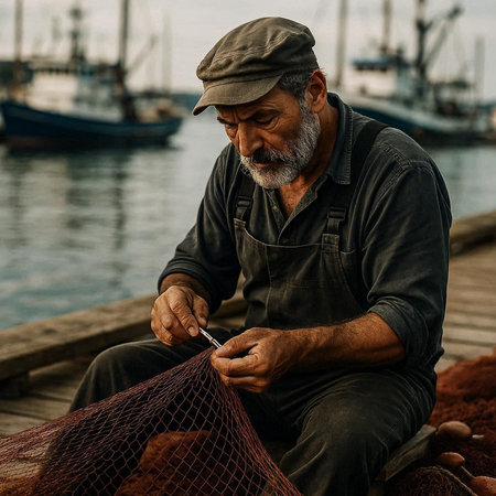 Portrait of an elderly fisherman sitting on a wooden pier with his fishing net