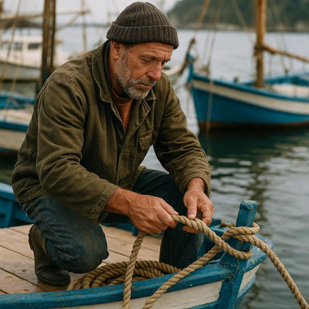 Old man sitting on a boat and looking at the fishing boats in the harbor