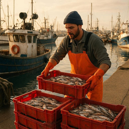 Fisherman with boxes of freshly caught fish in a fishing port