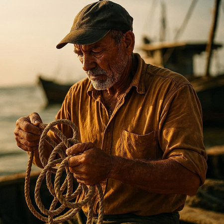 Fisherman working on the seashore with his fishing boat