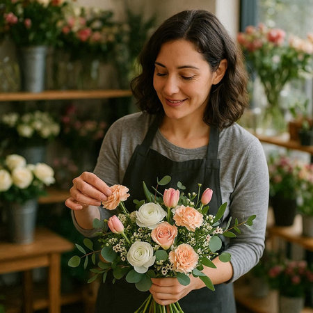 Female florist making a bouquet in her flower shop.