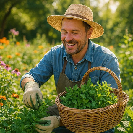 Portrait of a smiling farmer holding a basket full of mint in his garden