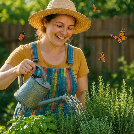 Smiling mature woman watering plants in her garden with butterflies in the background