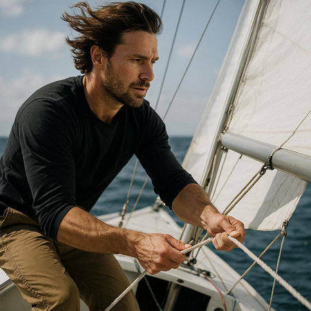 Handsome young man sailing on a yacht in the open sea