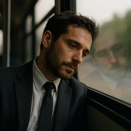 Portrait of a handsome man in a suit looking out the window