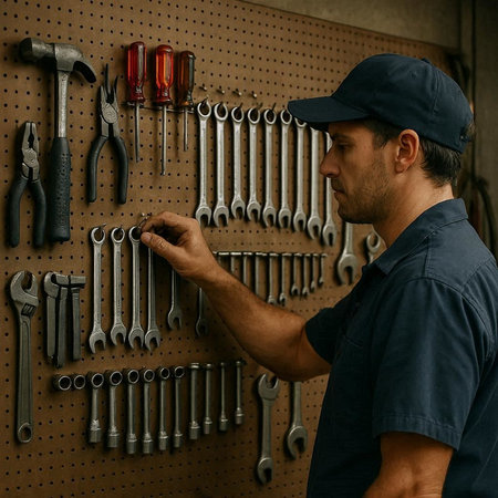 Side view of a mechanic working in a workshop. Wrench, hammer and screwdriver.