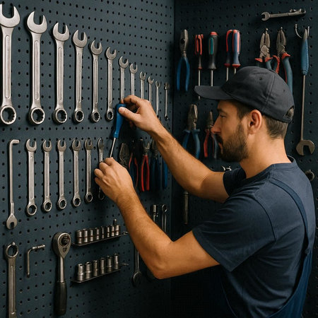 A man in a cap and a blue T-shirt holds a wrench in his hands.