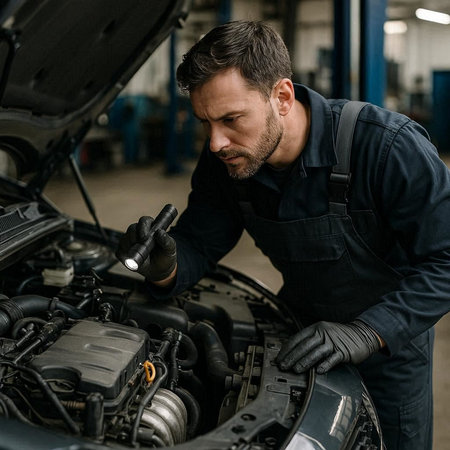 portrait of handsome mechanic in uniform working with car engine in auto repair shop