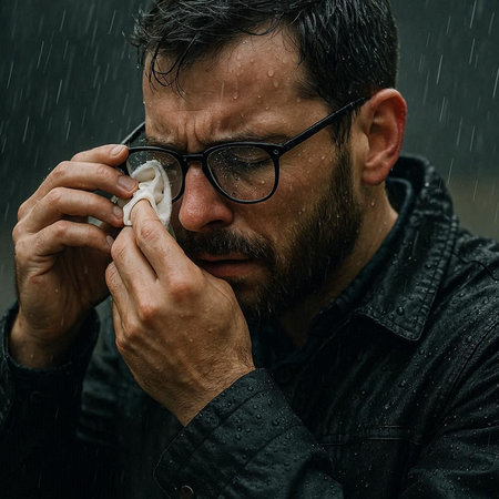 Portrait of a man with a beard in a black jacket and glasses in the rain
