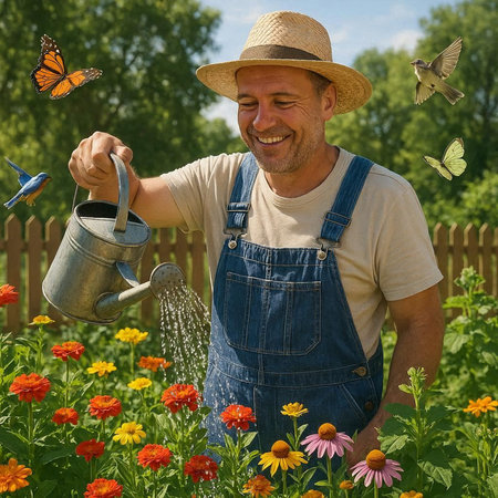 Smiling man watering flowers in the garden with a watering can and butterflies