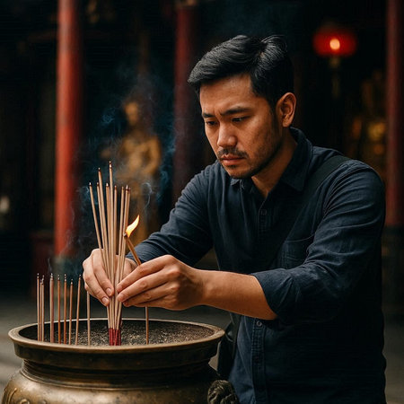 Handsome asian man lighting incense sticks in the temple
