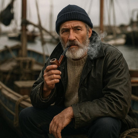 Portrait of an old man smoking a pipe in front of a boat