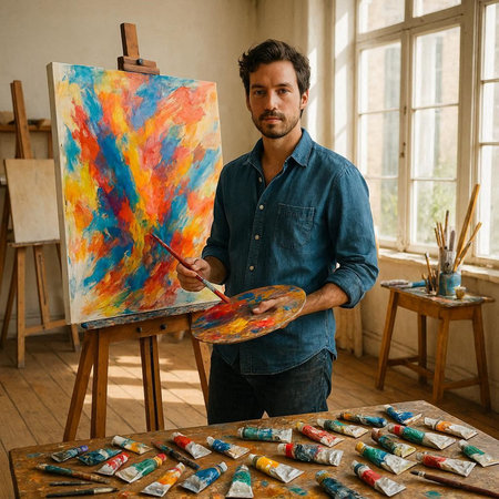 Portrait of a male artist with palette and brushes in his studio