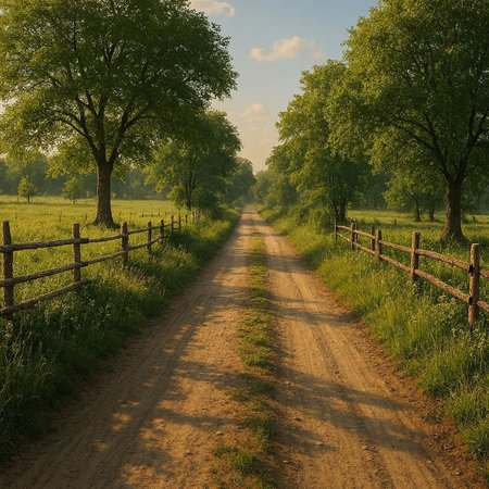 Country road through the meadow with trees and wooden fence in summer